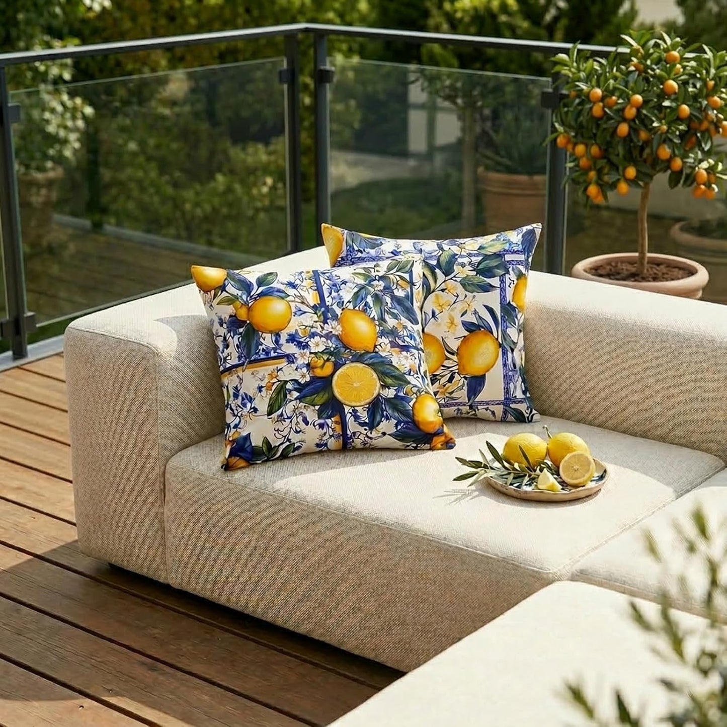 ONWAY Lemon Summer Outdoor Pillow Covers 18x18 Inch Set of 2 Italian Boho Chinoiserie Style Farmhouse Decorative Patio Waterproof Cushion Case for Sofa Couch Home Decor