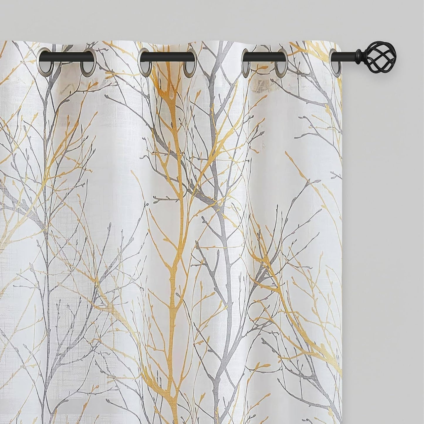 FMFUNCTEX Linen Semi Sheer Curtains for Bedroom, Yellow White Curtains 84 Inches Long for Living Room, Grey Tree Branch Print Curtain Light Filtering Farmhouse Window Drapes, Grommet Top 2 Panels