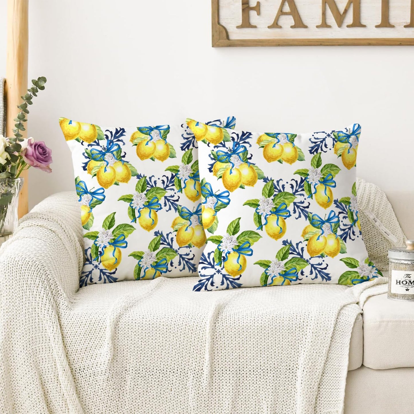 Yellow Lemon Pillow Covers, 18x18 Inch Decorative Throw Pillow Cases with Blue Bowknot, Farmhouse Summer Lemon Green Leaf Floral Cushion Cover for Outdoor Decor, Set of 2