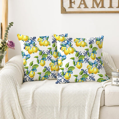 Yellow Lemon Pillow Covers, 18x18 Inch Decorative Throw Pillow Cases with Blue Bowknot, Farmhouse Summer Lemon Green Leaf Floral Cushion Cover for Outdoor Decor, Set of 2