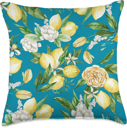 Summer by Vine Mercantile Turquoise-Amalfi Lemon Blossom Watercolor Citrus Pattern Throw Pillow, 18x18, Multicolor