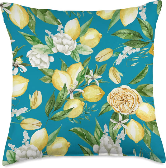 Summer by Vine Mercantile Turquoise-Amalfi Lemon Blossom Watercolor Citrus Pattern Throw Pillow, 18x18, Multicolor