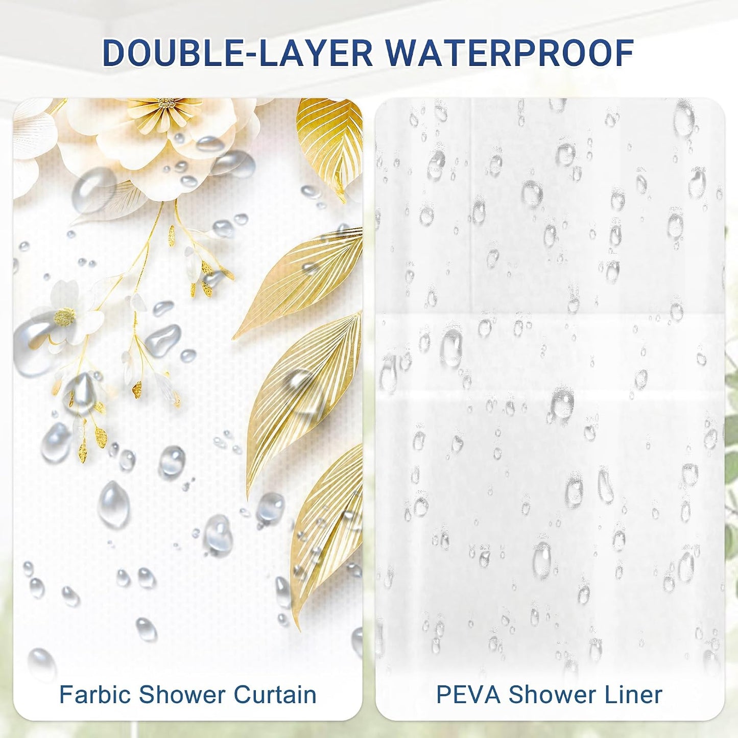 Chrainy 3 in 1 Golden Floral Double-Layer Shower Curtain Set, 72 * 72 in | Polyester Shower Curtain and PEVA Liner, 12 Stainless Steel Hooks, Waterproof Watercolor Bath Curtain for Bathroom Toilet