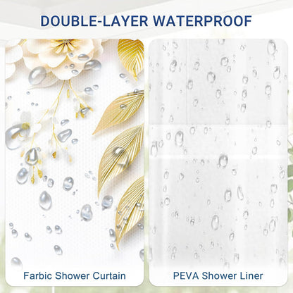 Chrainy 3 in 1 Golden Floral Double-Layer Shower Curtain Set, 72 * 72 in | Polyester Shower Curtain and PEVA Liner, 12 Stainless Steel Hooks, Waterproof Watercolor Bath Curtain for Bathroom Toilet