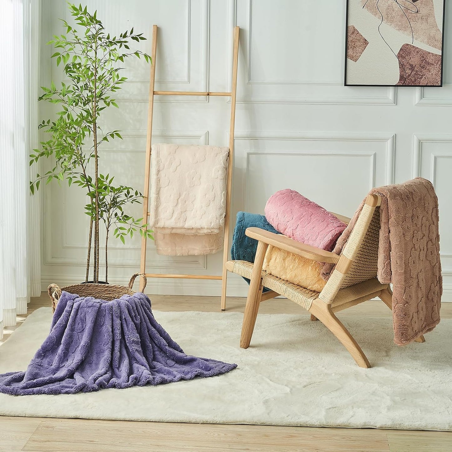 FY FIBER HOUSE Flower Throw Blanket Ultra Soft Blanket Fuzzy Blanket for Bed Couch Sofa, 50"x60", Light Yellow
