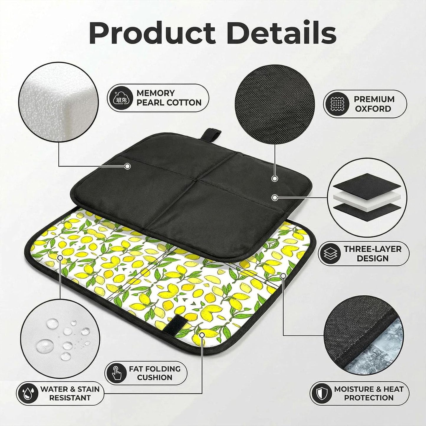 Yellow Fresh Lemons Print Outdoor Sitting Cushion Folding Seat Pad Compact Portable Picnic Bench Cushion Mat