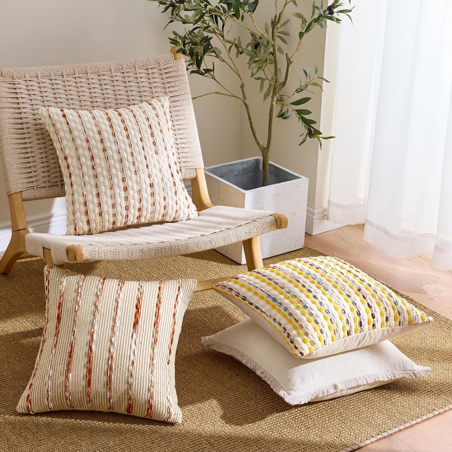 ANRODUO Boho Chenille Textured Tufted Pillow Covers 20x20 Inch Set of 2 Woven Decorative Throw Pillow Covers with Raised Stripes Accent Neutral Pillowcase for Couch Sofa Bed Living Room, Yellow Cream