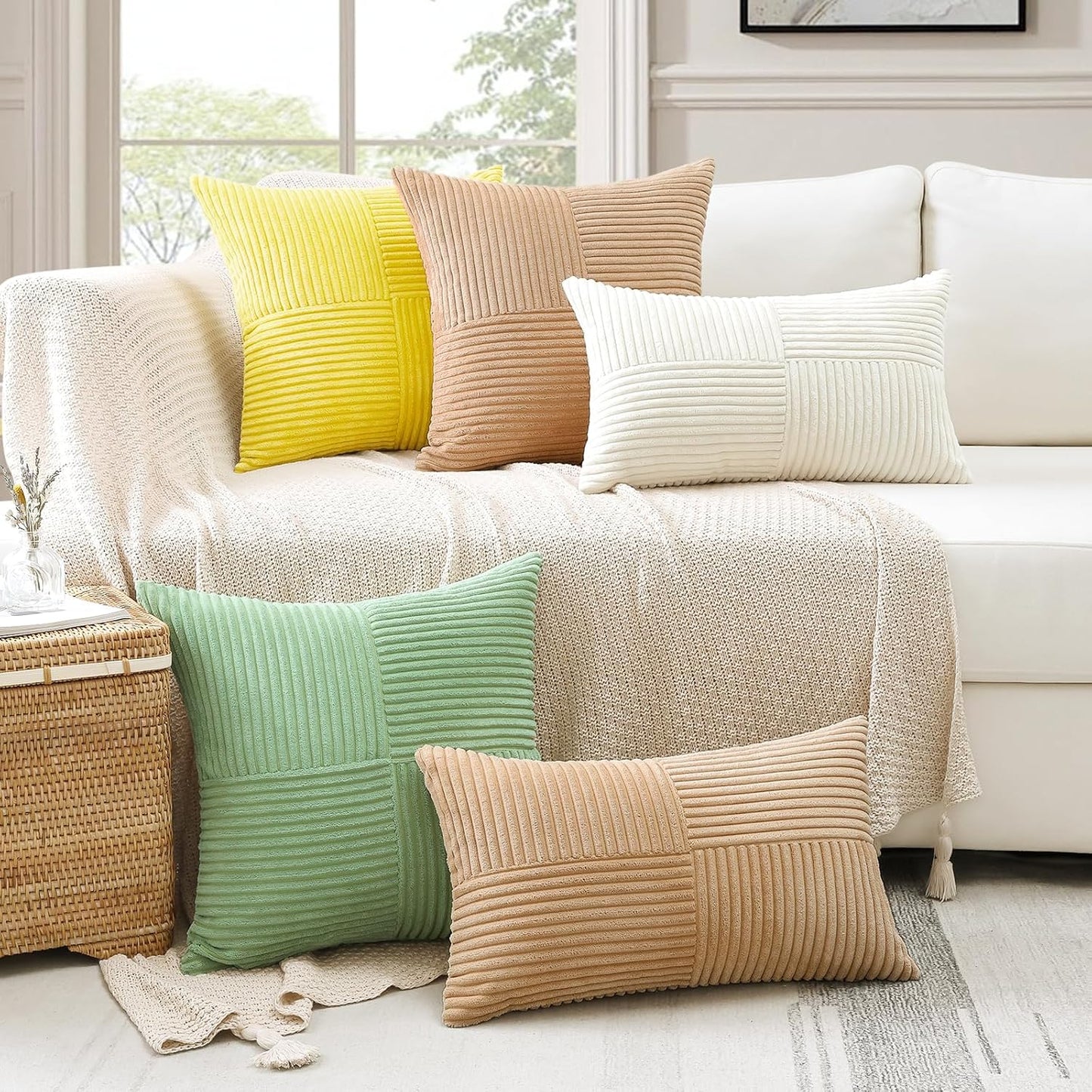 OTOSTAR Set of 1 Decorative Throw Pillow Cover Soft Corduroy Solid Square Pillow Case Boho Striped Cross Patchwork Textured Cushion Cover for Sofa Car Patio Bedroom Living Room 20x20 Inch, Yellow