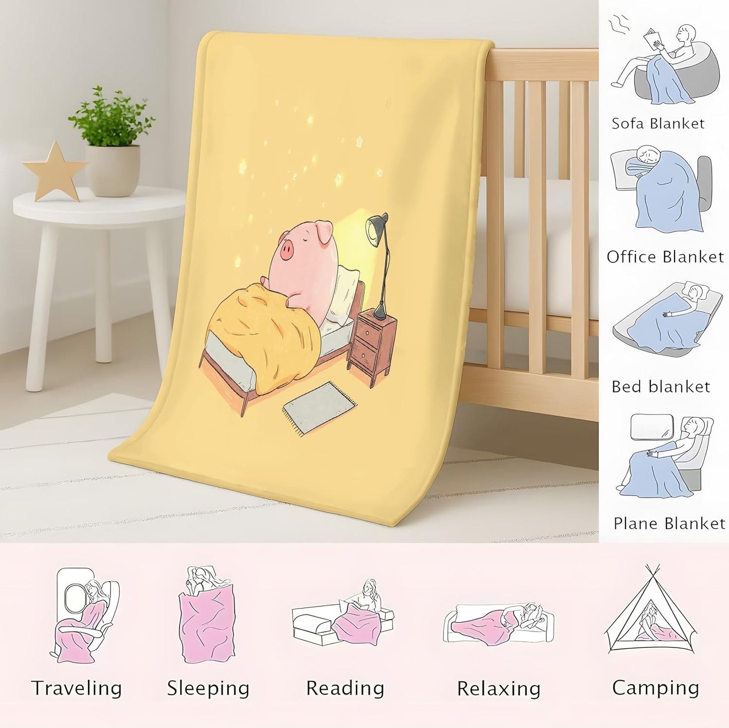 The Cartoon Throw Blanket 50" x 70", Piglet Sleeping Cozy Printed Blankets Gifts for Women Men Kids Fleece Cozy Fuzzy Lemon Yellow Blanket for Birthday Christmas Room Decor