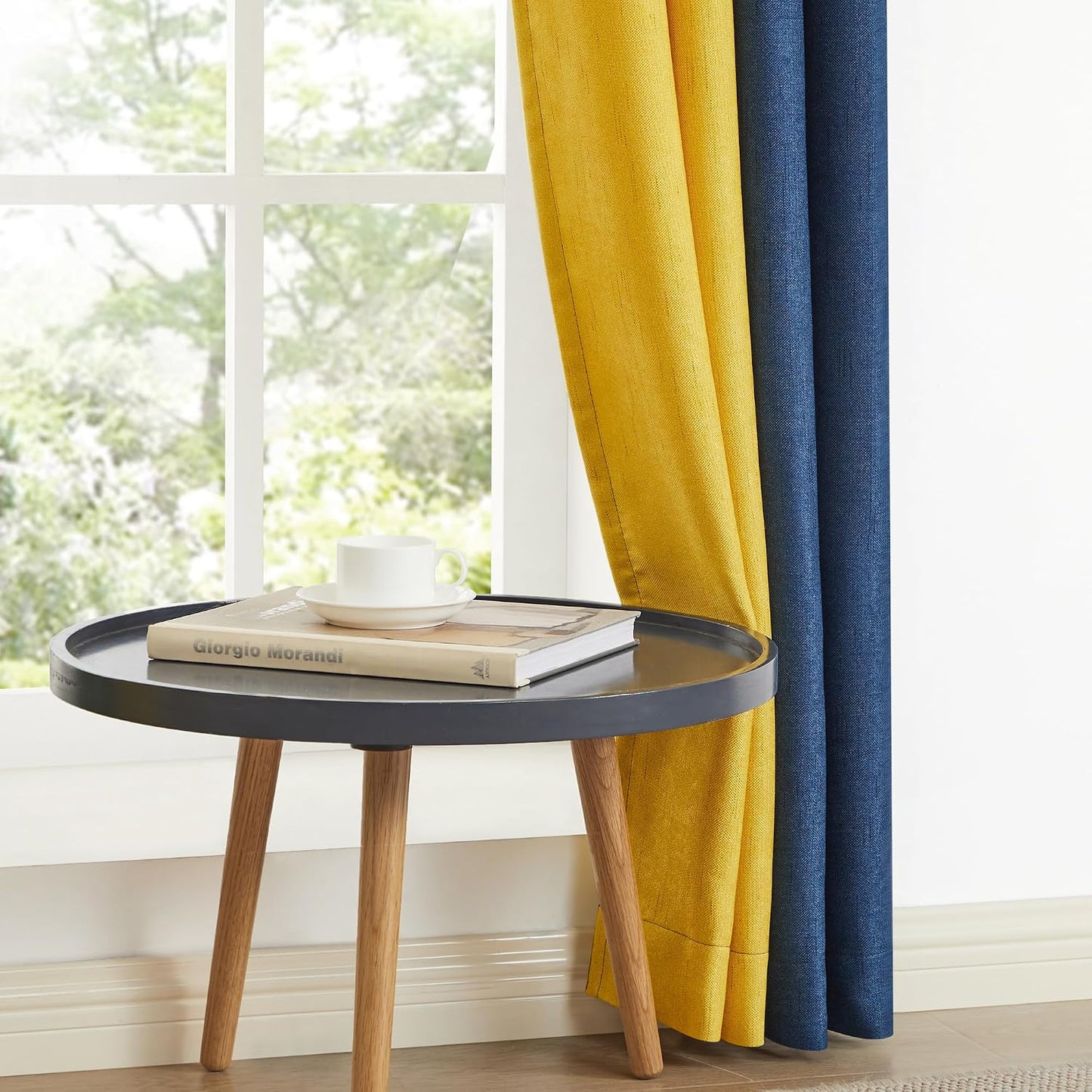 PRIMROSE Navy Blue Yellow Linen Curtains 84 inch Long for Living Room Set of 2 Panels Blackout Thermal Insulated Room Darkening Ombre Curtains Window Drapes for Bedroom Grommet