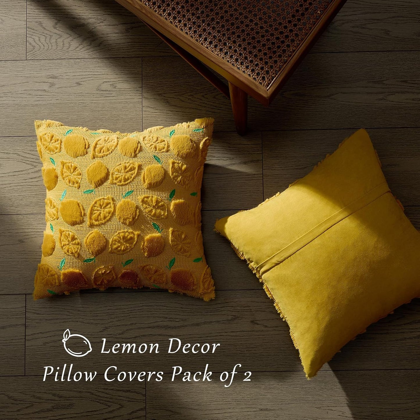 GIGIZAZA Pack of 2 Yellow Pillow Covers 20x20, Decorative Throw Pillows Cute Boho Farmhouse Covers for Couch Faux Fur Fruit Pattern Pillow Cases Embroidered Living Room Cushion Covers