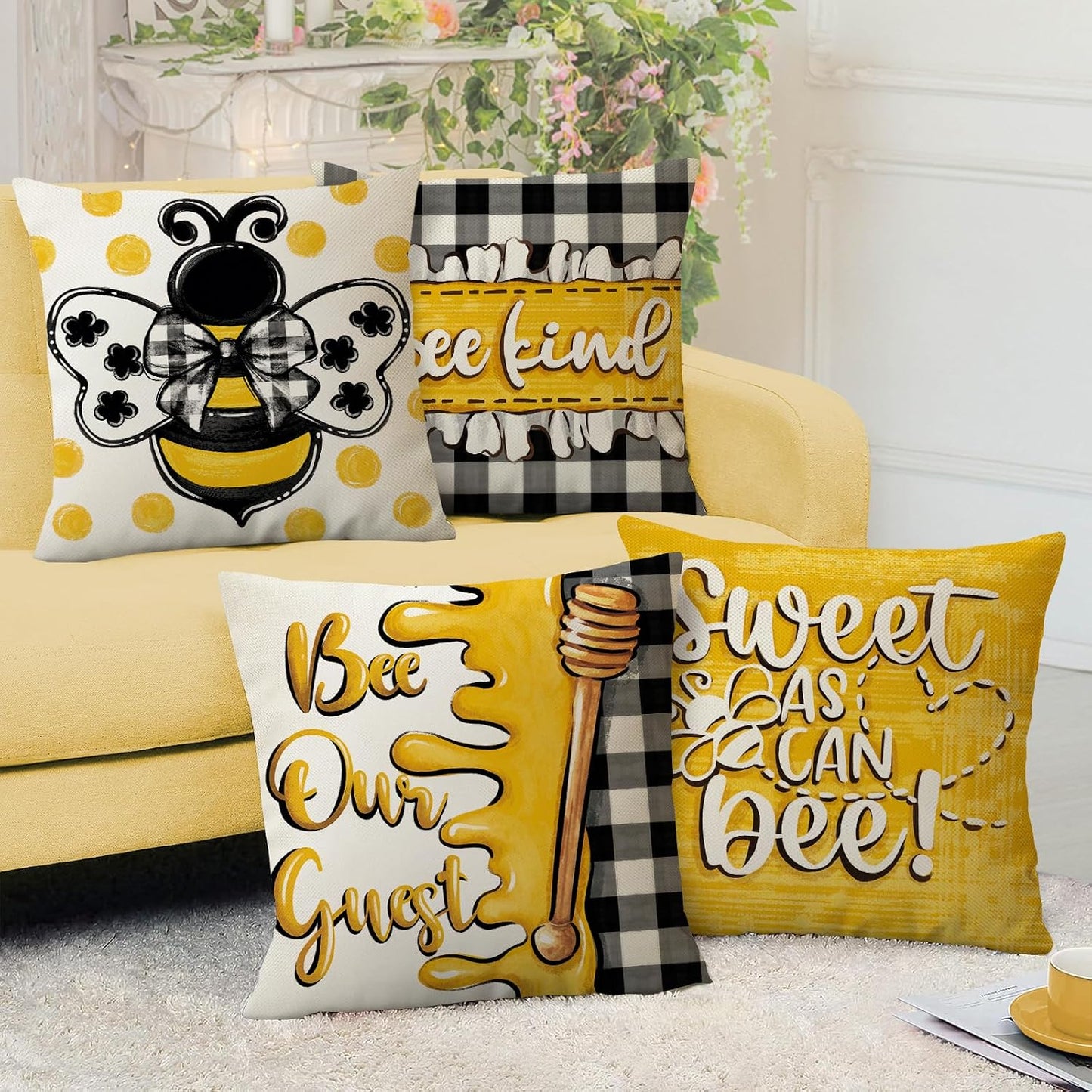 Spring Summer Honey Bee Kind Decorative Throw Pillow Covers 18 x 18 Set of 4, Yellow Bumble Bee Sweet As Can Bee Our Guest Outdoor Pillowcase, Buffalo Plaid Farmhouse Cushion Case Home Decor