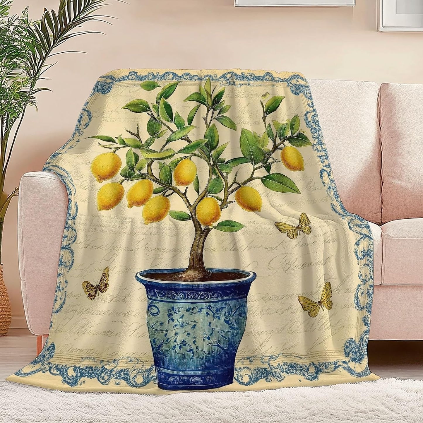 Blanket Printed Fleece Throw Vintage Plants Lemon Butterfly Cozy Fluffy Comfy for All Seasons, Full 50" x 60" Soft Warm Lightweight Flannel Plush Throws for Sofa Couch and Bed, Mustard Yellow
