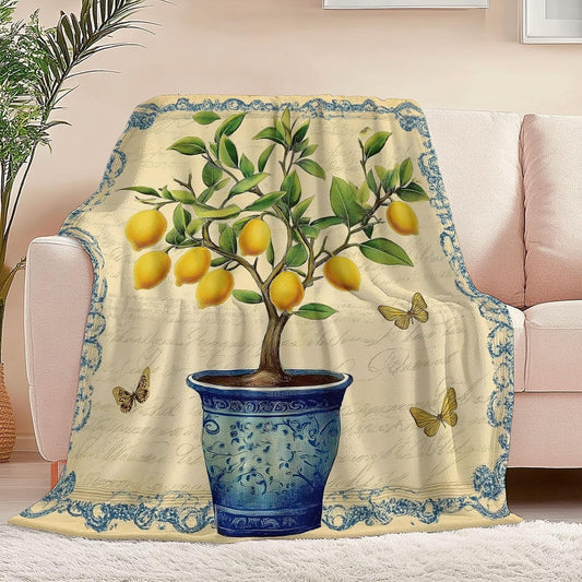 Blanket Printed Fleece Throw Vintage Plants Lemon Butterfly Cozy Fluffy Comfy for All Seasons, Full 50" x 60" Soft Warm Lightweight Flannel Plush Throws for Sofa Couch and Bed, Mustard Yellow