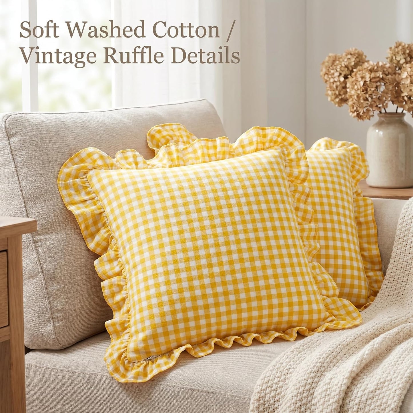 PartyDelight Gingham Throw Pillow Covers Yellow and White Ruffle Plaid Checkered Fall Decorative Farmhouse Euro Pillow Shams 2 Pack for Bed/Sofa Zipper Closure 100% Washed Cotton (18x18Inches)