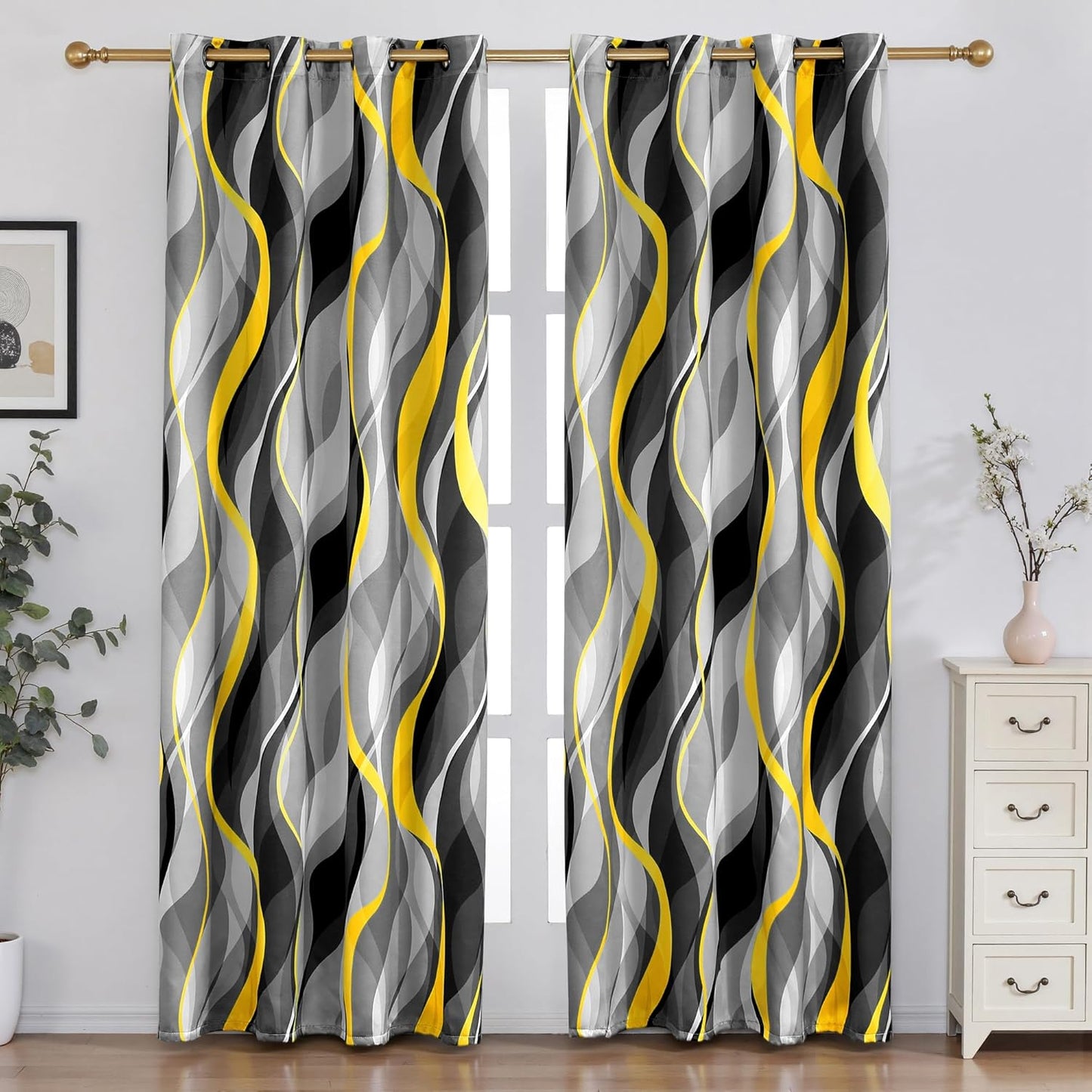 weesire Yellow and Grey Blackout Curtains Modern Striped Decorative 100% Light Blocking Darkening Grommet Yellow Curtain for Living Room Villa, Bedroom Gray and White 2 Panels Set, 52x84 Inches