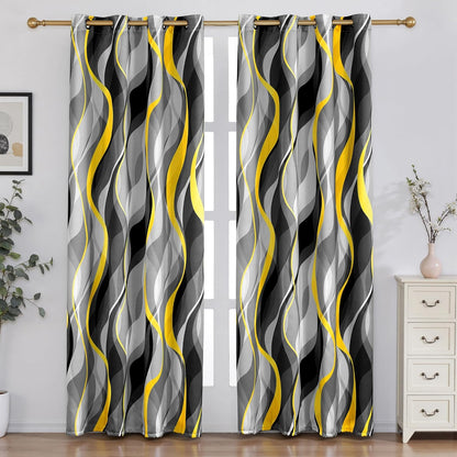 weesire Yellow and Grey Blackout Curtains Modern Striped Decorative 100% Light Blocking Darkening Grommet Yellow Curtain for Living Room Villa, Bedroom Gray and White 2 Panels Set, 52x84 Inches