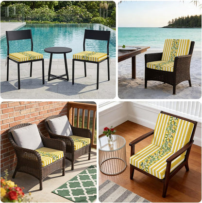Outdoor Patio Cushion Covers 2 Pack Yellow Lemon Stripes Chair Pads Slipcovers with Ties Waterproof Floral Fruit Leaves Seat Cushion Covers for Outdoor Furniture Protector Couch Sofa 22x20 Inch