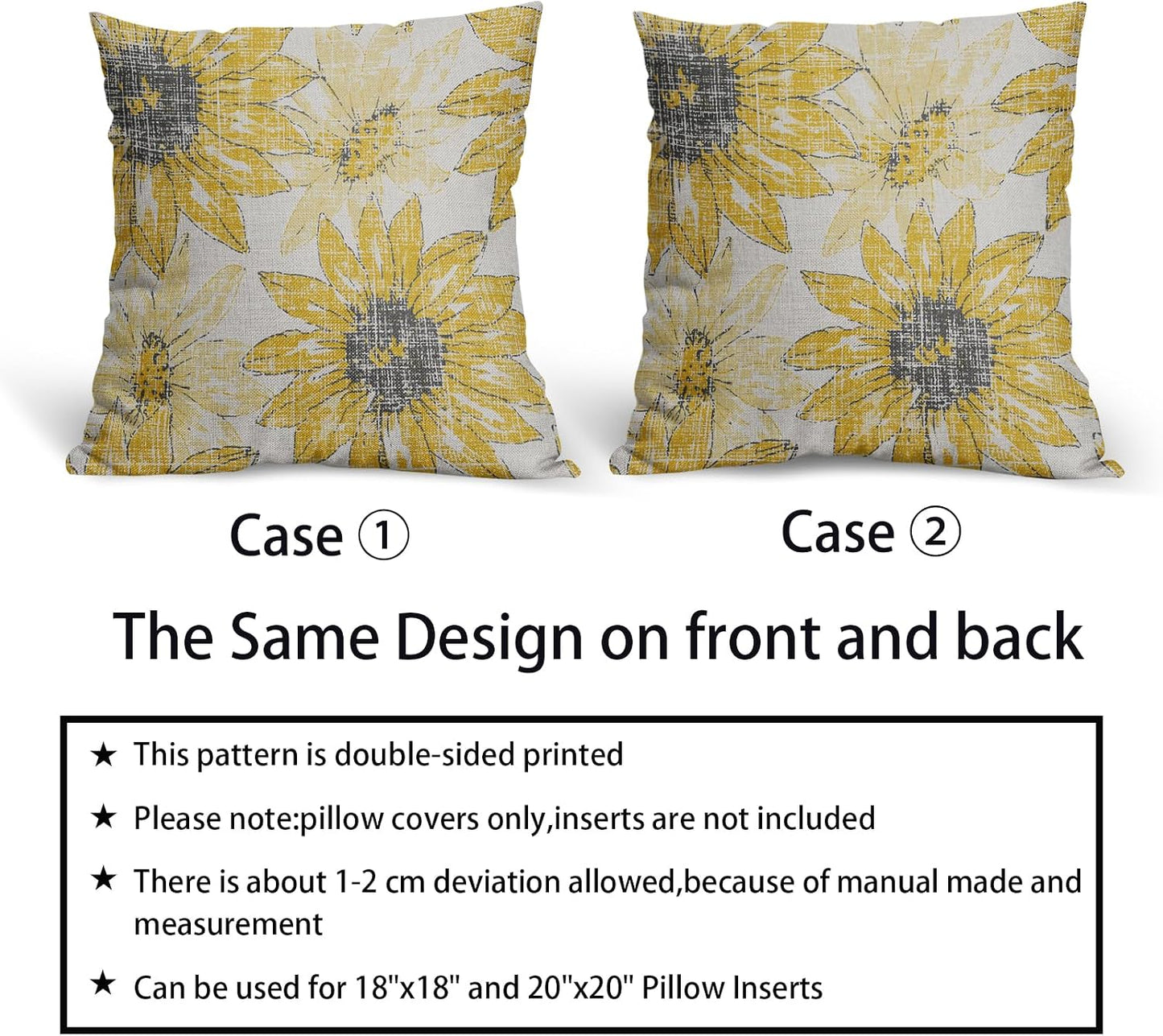 Sweetshow Dark Light Yellow Pillow Covers 16x16 Set of 2 Retro Sunflower Flowers Print Decorative Throw Pillows Outdoor Modern Art Floral Pillowcase Square Linen Cushion Case for Home Sofa Couch Bed
