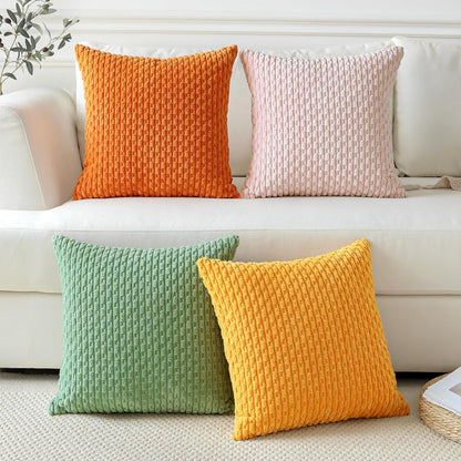 OTOSTAR Set of 4 Soft Corduroy Decorative Throw Pillow Covers 18x18 Square Striped Boho Pillow Cases for Sofa Couch Bedroom Living Room Home Decor Cushion Cover, Sage Green/Light Pink/Yellow/Orange