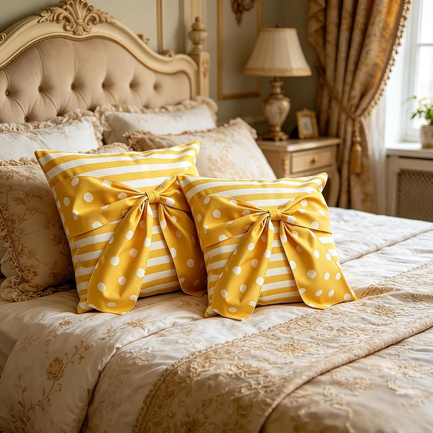 Yellow Big Bows Throw Pillow Covers Set of 2, Linen Pillow Covers with Striped Polka Dot Print, Spring Summer Decorative Cushion Cases for Safa Couch Home Decor, Yellow-Dot, 18X18 Inch