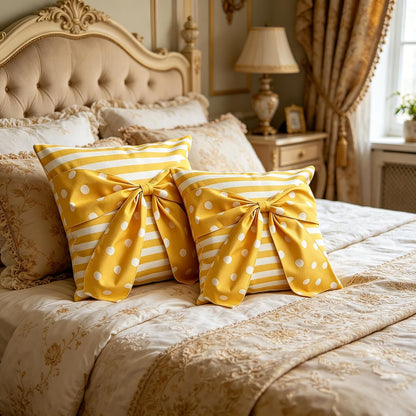 Yellow Big Bows Throw Pillow Covers Set of 2, Linen Pillow Covers with Striped Polka Dot Print, Spring Summer Decorative Cushion Cases for Safa Couch Home Decor, Yellow-Dot, 18X18 Inch