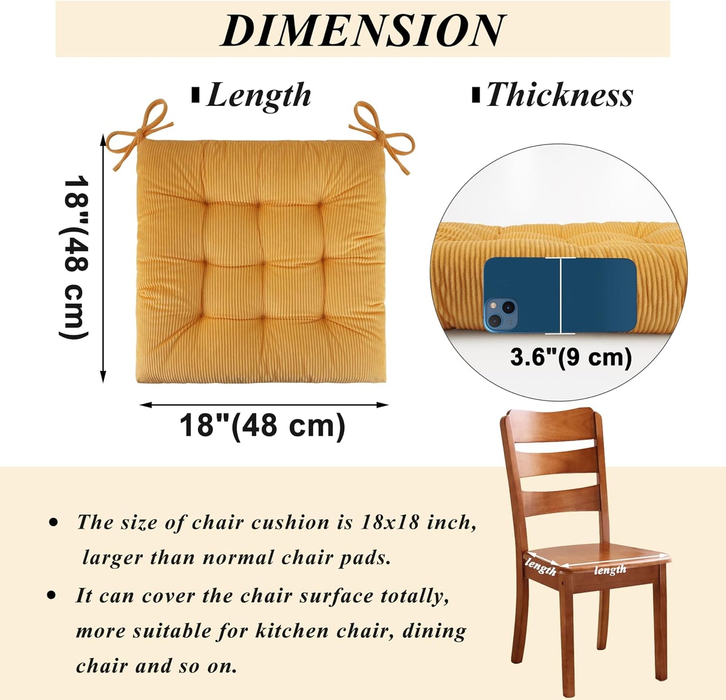 Set of 4 Chair Cushions for Dining Chairs 18" x 18" Corduroy Chair Seat Cushion for Office and Kitchen Chair Comfort Chair Cushion for Long Sitting (Yellow)