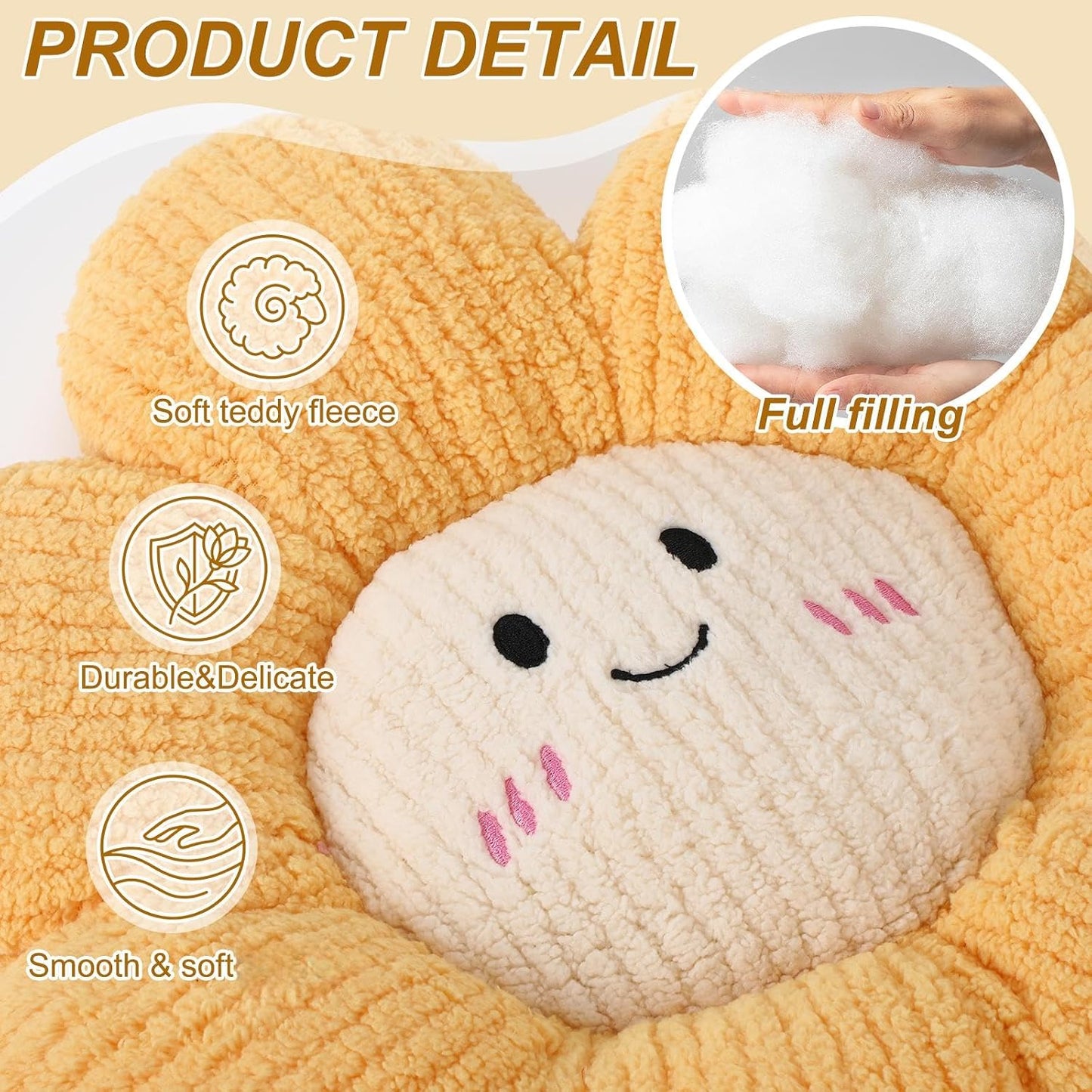 2 Pcs Smile Face Flower Pillows 15" Yellow Flower Throw Pillows Decorative Daisy Floor Seating Cushion Aesthetic Cute Seat Cushion for Bed Sofa Couch Home Decor Bedroom Living Room Chair