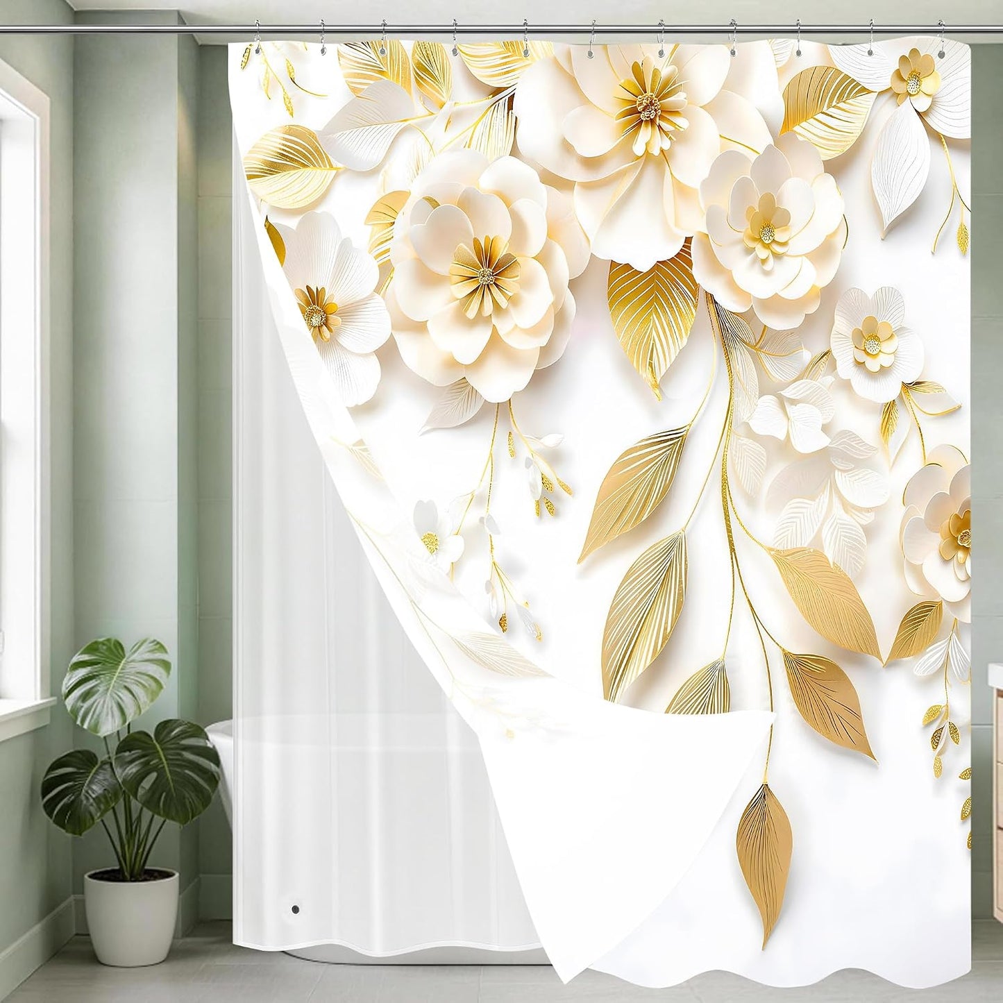 Chrainy 3 in 1 Golden Floral Double-Layer Shower Curtain Set, 72 * 72 in | Polyester Shower Curtain and PEVA Liner, 12 Stainless Steel Hooks, Waterproof Watercolor Bath Curtain for Bathroom Toilet