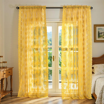 Kotile Mustard Yellow Sheer Curtains 84 Inches Long, 2 Panels Country Rustic Floral Retro Gold Lace Curtains for Living Room,Rod Pocket Light Filtering Privacy Boho Window Curtain Drapes, 52 x 84 Inch