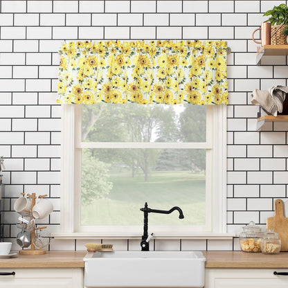 No. 918 Sunbeam Sunflower Print Semi-Sheer Rod Pocket Kitchen Curtain Valance and Tiers Set, 54" x 24", Yellow