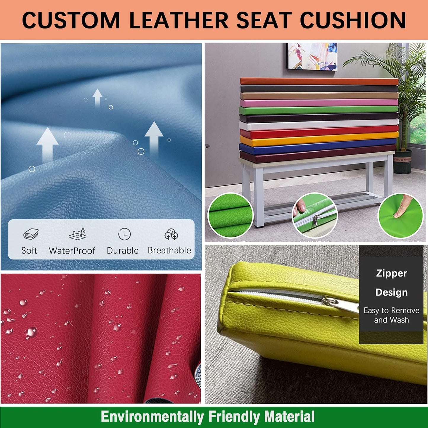Cushion Custom Size, Cushions for Outdoor Indoor Patio Furniture Bench, Memory Foam Seat Cushion, Removable Leather Cover Waterproof (Custom Size, Lemon Yellow)