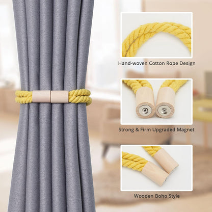NICEEC 2 Pack Wooden Magnetic Curtain Tiebacks Boho Decoration Drape Tie Backs Natural Cotton Handmade Double Rope Curtain Holdbacks for Thin & Thick Home & Office Window Drapery (New Yellow)