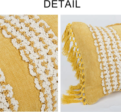 Mustard Yellow Boho Throw Pillow Cover 12x 20, Striped Tufted Neutral Cotton Pillow Cases,Farmhouse Rustic Bedroom Decor for Outdoor Couch Bedroom Car