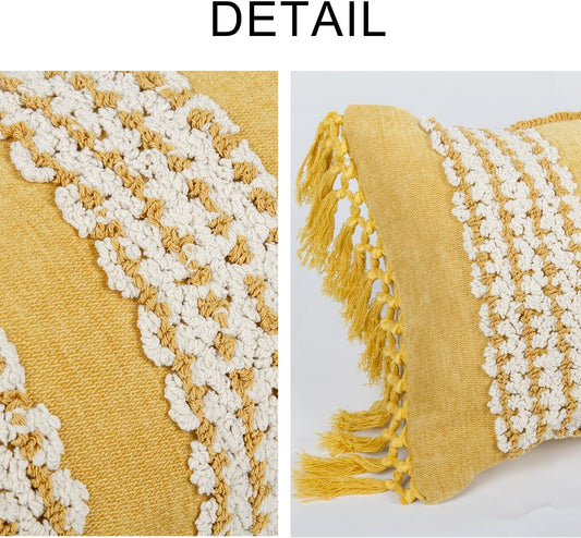 Mustard Yellow Boho Throw Pillow Cover 12x 20, Striped Tufted Neutral Cotton Pillow Cases,Farmhouse Rustic Bedroom Decor for Outdoor Couch Bedroom Car