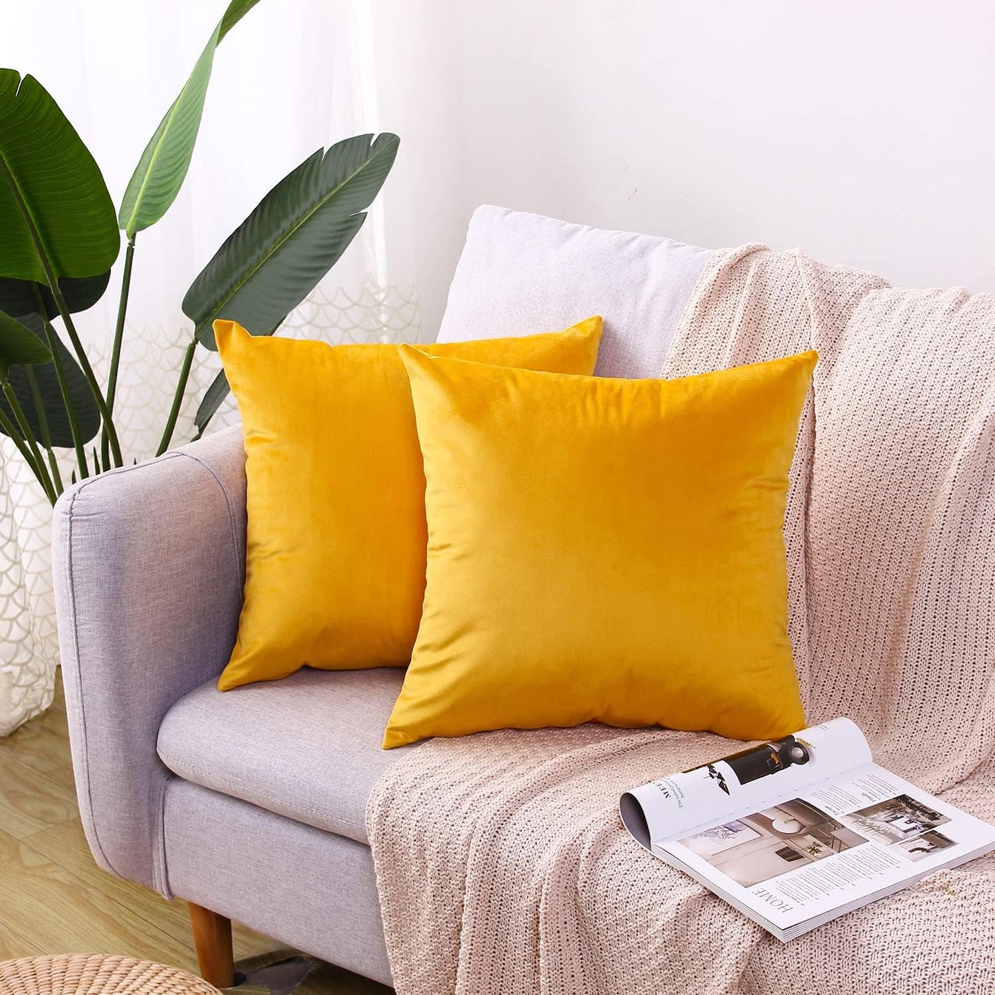 Hibate 2 Pack Soft Velvet Couch Throw Pillow Covers 18x18 Inch for Sofa Living Room Bedroom (Yellow)