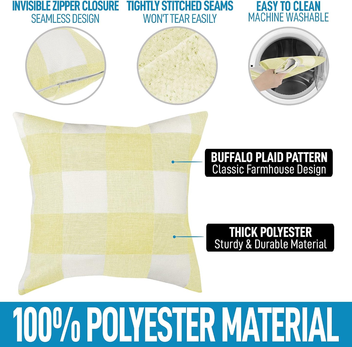 Zulay Home Pack of 2 Buffalo Plaid Throw Pillow Covers - Farmhouse Porch Pillows Outdoor & Indoor Covers - Polyester Buffalo Plaid Pillow Covers (20x20 Inch, Yellow & White)