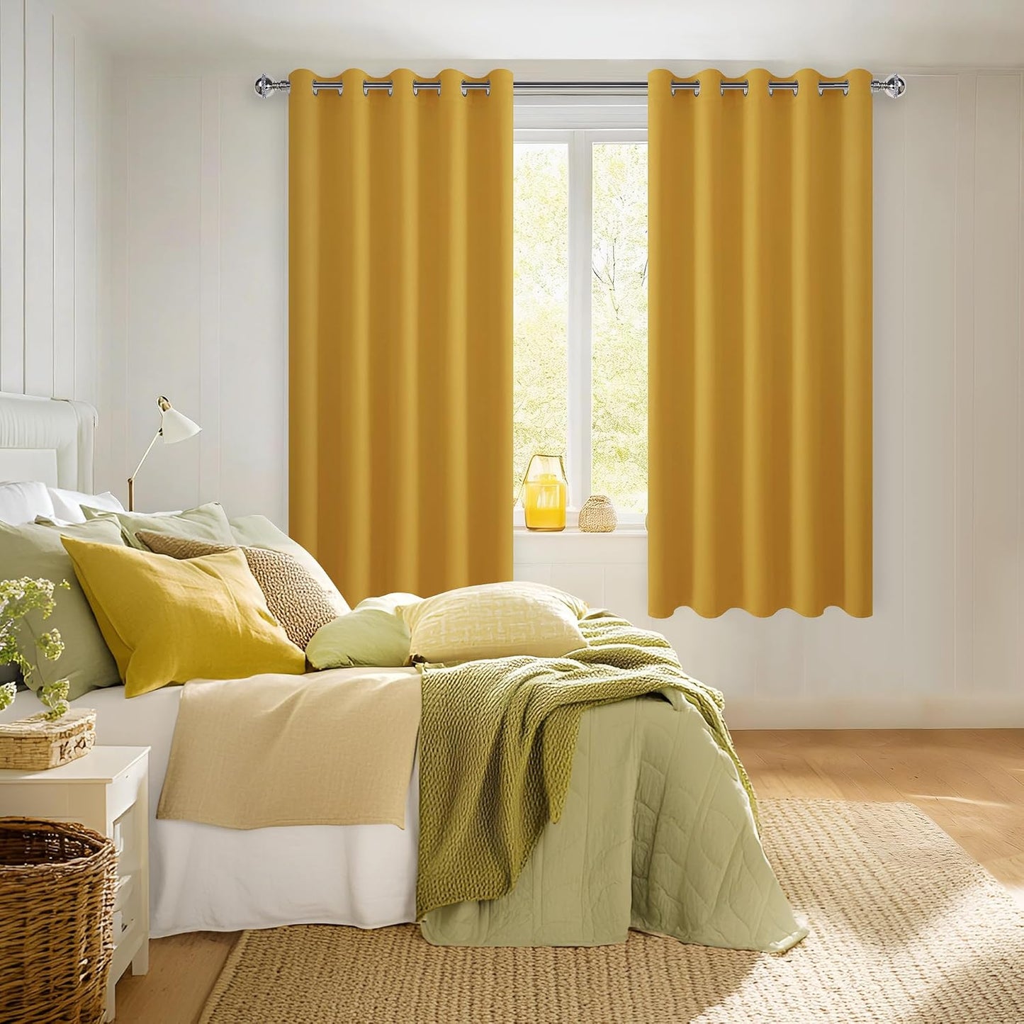 Hiasan Blackout Curtains for Bedroom, 60 x 63 Inches Length - Thermal Insulated & Light Blocking Window Curtains for Living Room, 2 Drape Panels Sewn with Tiebacks, Mustard Yellow