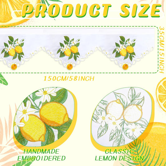 Embroidered Summer Lemon Kitchen Curtains Valances 58 x 15 Inch Yellow Lemon Window Treatment Valance Fresh Fruit Flower Leaf Curtain for Bedroom Bathroom Living Room Decor