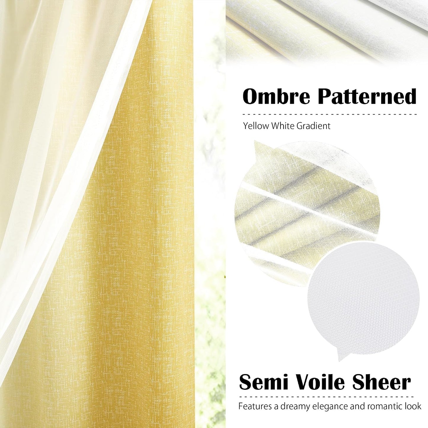 Ombre 100% Blackout Curtains 54 Inches Long 2 Panels for Bedroom Living Room Yellow and White Double Layer Sheer Overlay Mix & Match Grommet Thermal Soundproof Drapes with Tiebacks, 52x54