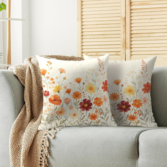 Fall Floral Pillow Covers 18x18 Inch Set of 2, Burnt Orange Autumn Colored Flower Decorative Throw Pillowcases Seasonal Wildflower Outdoor Farmhouse Holiday Cushion Cases Sofa Couch Bed Decor