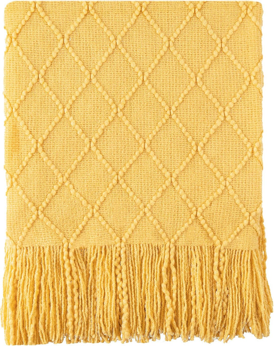 BATTILO HOME Mustard Throw Blanket with Fringe Geometric Bed Gold Yellow Throws Breathable Decorative Large Throw for Couch Sofa Indoor Outdoor (Mustard, 50"x60")