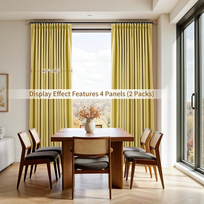 Yellow Pinch Pleated Linen 100% Blackout Curtains 84 Inch Length 2 Panels Insulated Thermal Fall Blackout Drapes for Bedroom Living Room Darkening Pinch Pleat Curtains with Hooks Rings Clips 7 FT