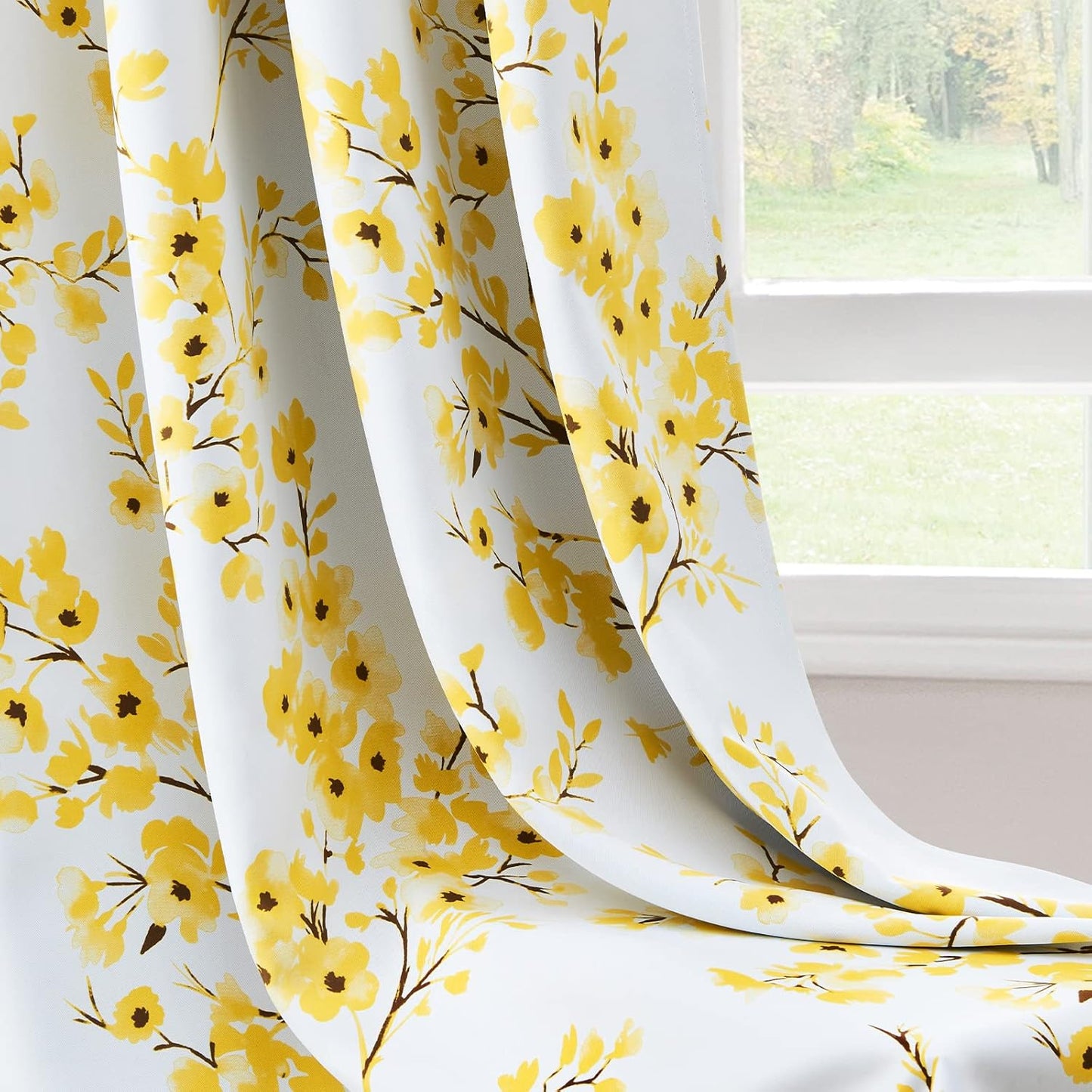 HOMEIDEAS Yellow Floral Blackout Curtains, 52 x 84 Inches Long Room Darkening Flower Grommet Drapes for Living Room, Bedroom, 2 Panels