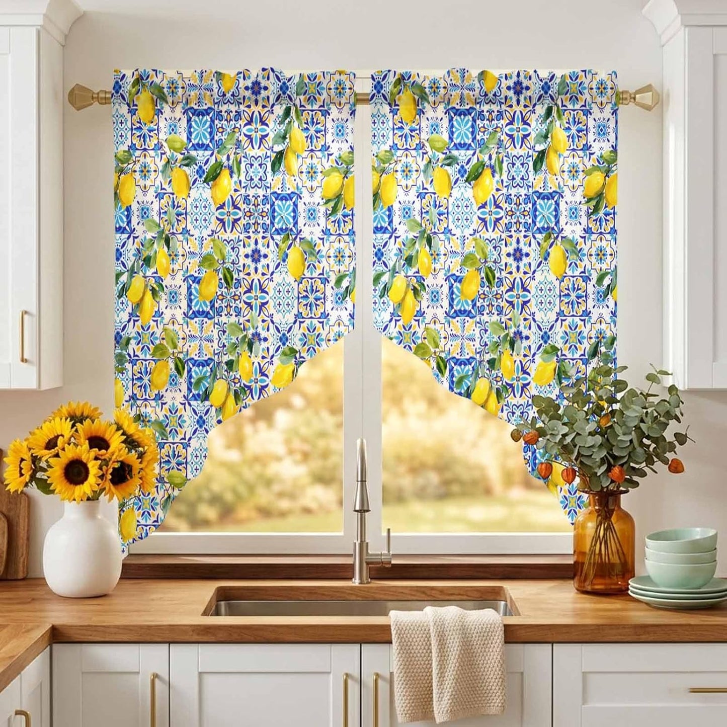 Summer Boho Lemon Swag Valances for Windows Watercolor Yellow Lemon Leaf Blue Floral Plaid Semi Sheer Valance Curtains Voile Swags Topper Curtain for Kitchen Living Room Bedroom, 2 Panels, 28x36 Inch