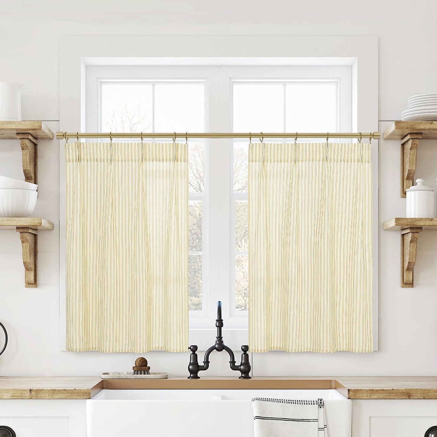 Light Pale Yellow Kitchen Curtains,Sunflower or Lemon Decor Retro Farmhouse Striped Patterned Printed Spring Curtains for Living Room Bathroom Window Curtain