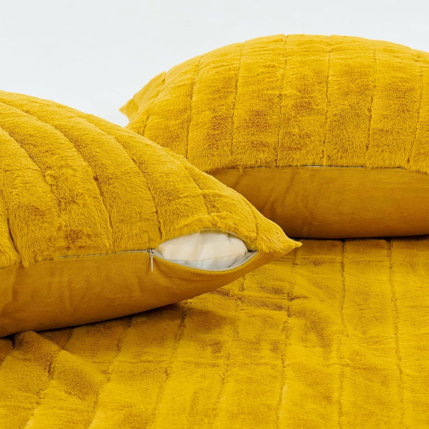Home Soft Things Rabbit Faux Fur Throw Blanket (50" x 60") and 2 Pillow Covers (18" x 18")，3 Piece Lemon Curry Throw Pillow Set，Decorative Throw Blankets for Couch Bed Living Room