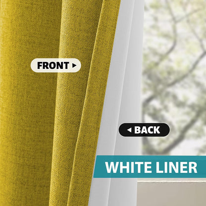 SimpleHome Mustard Yellow Linen Curtains for Bedroom 90 Inch Long 2 Panel Set,100% Blackout Faux Linen Textured Curtains Grommet for Living Room with White Liner Grommet