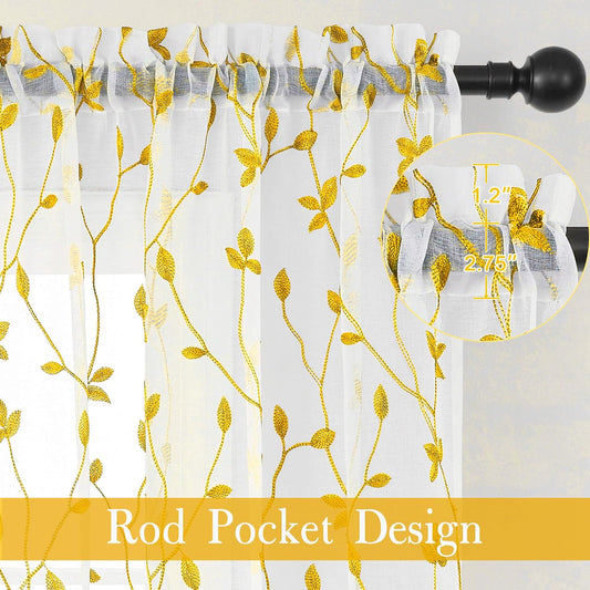 WUBODTI Spring Yellow Leaf Patterned Sheer Curtains 72 Inches Long 2 Panels Set for Living Room, Rod Pocket Country Light Filtering Faux Linen Embroidered Floral Curtains for Bedroom Dining Room