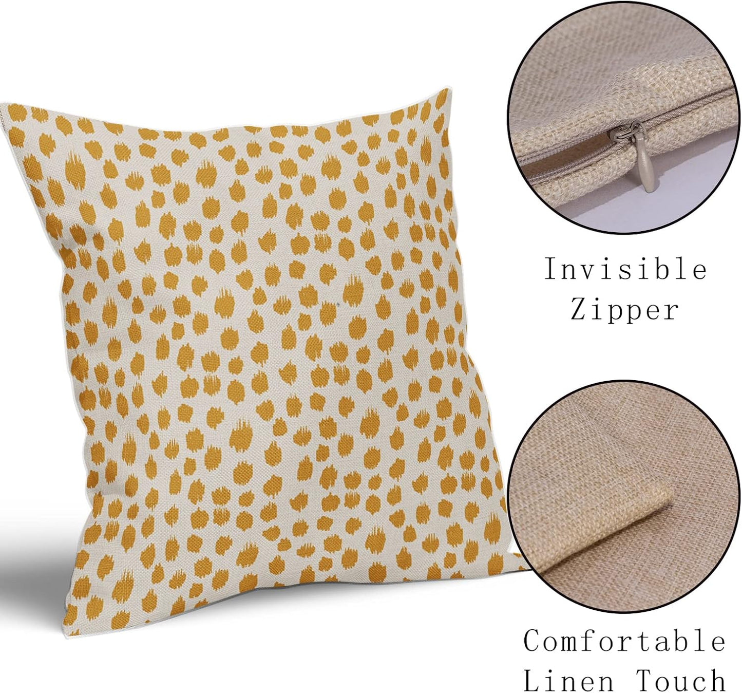 Mustard Yellow Cream Pillow Covers 18x18 Set of 2 Boho Design Polka Dot Throw Pillows Modern Brush Strokes Print Decorative Outdoor Pillowcase Square Cushion Cover Linen Pillow Case for Sofa Couch Bed